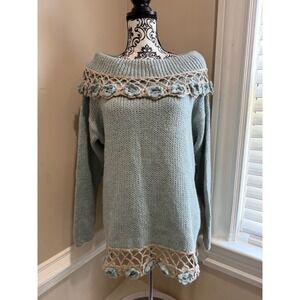 Shenanigans Vintage Hand Knit Crochet Floral Sweater Blue Ramie Blend Small NWT